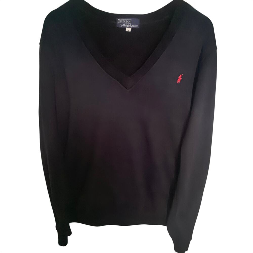 Polo Ralph Lauren Men's M Black V-Neck Sweater with Red Pony Logo
